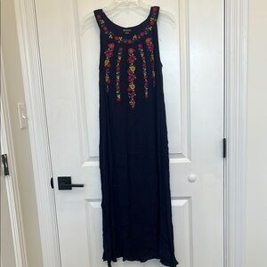 Embroidered Navy Blue Midi Dress
